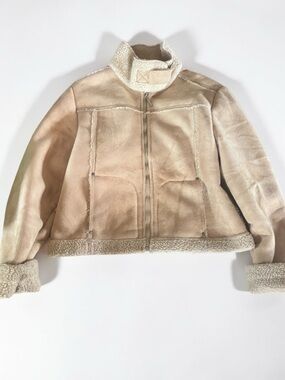 Y2K Faux Suede Sherpa Jacket Womens Medium Beige Short Zip Coat Gift